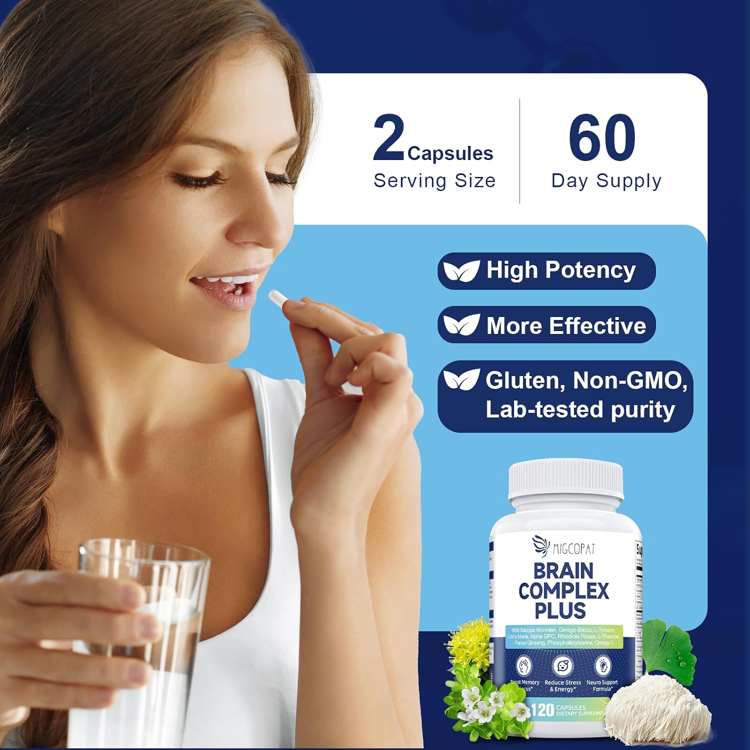 Suplemento Cerebral con Bacopa Monnieri, Lion's Mane y Alpha GPC - Apoya Memoria y Concentración - 120 Cápsulas