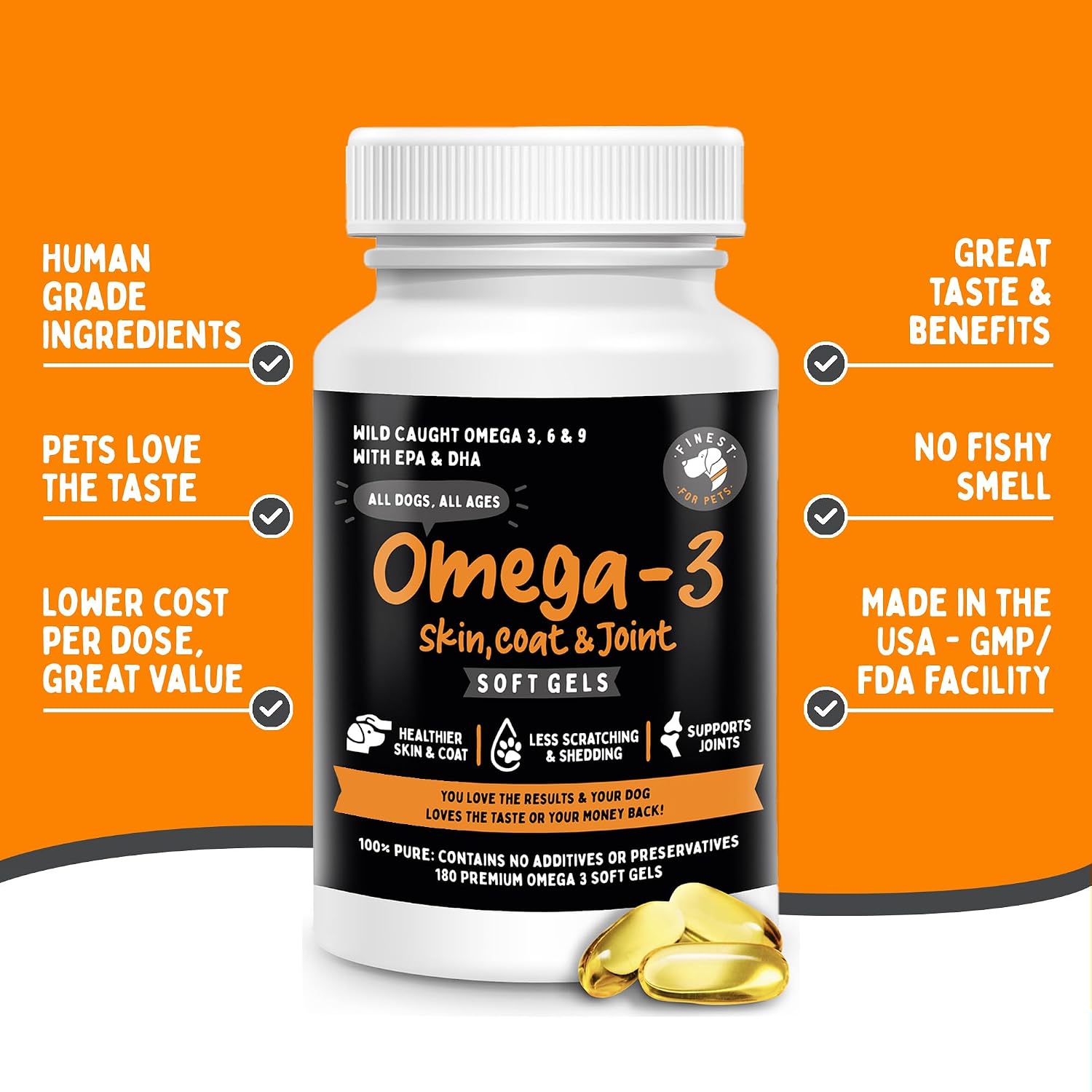 Omega 3 Fish Oil for Dogs - Finest For Pets - 180 Softgels with EPA and DHA