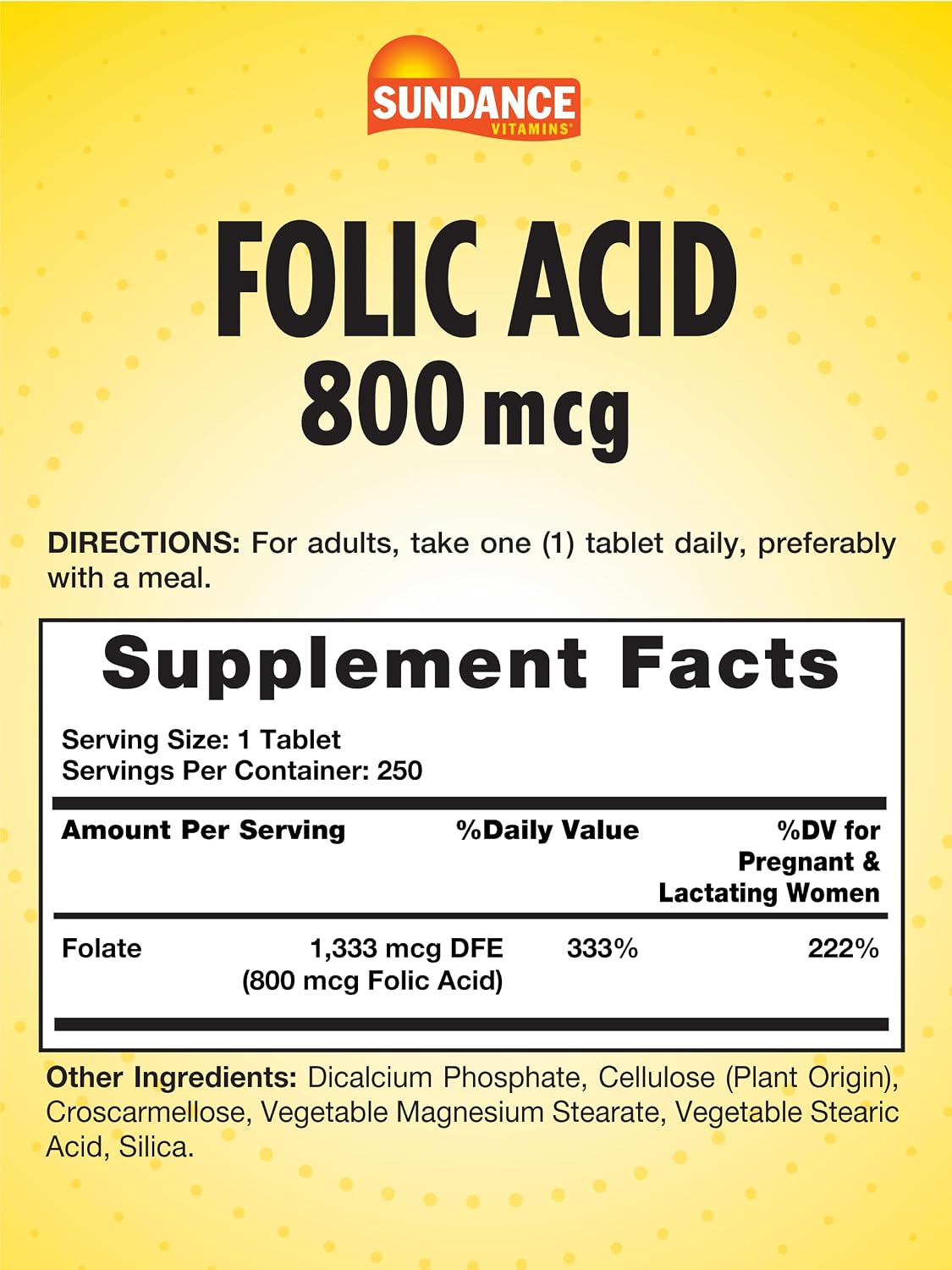 Sundance Ácido Fólico 800 mcg - 250 Comprimidos Vegetarianos