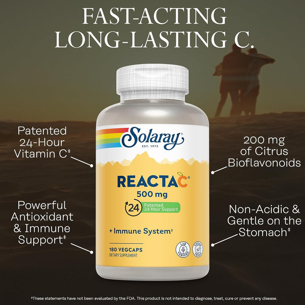 Solaray Reacta-C Vitamin C 500mg - 180 Vegan Capsules - Immune & Antioxidant Support