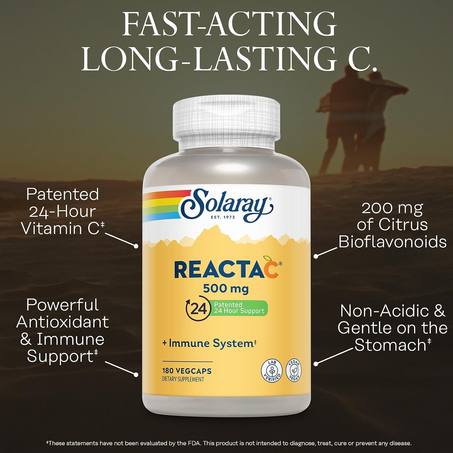 Solaray Reacta-C Vitamin C 500mg - 180 Vegan Capsules - Immune & Antioxidant Support