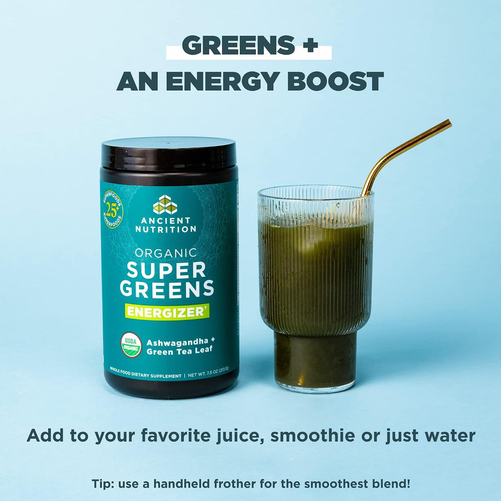 Ancient Nutrition Organic SuperGreens Energizer Powder with Probiotics and B12, Made from Real Fruits, Vegetables and Herbs, for Digestive, Detoxification and Energy Support, 25 Servings