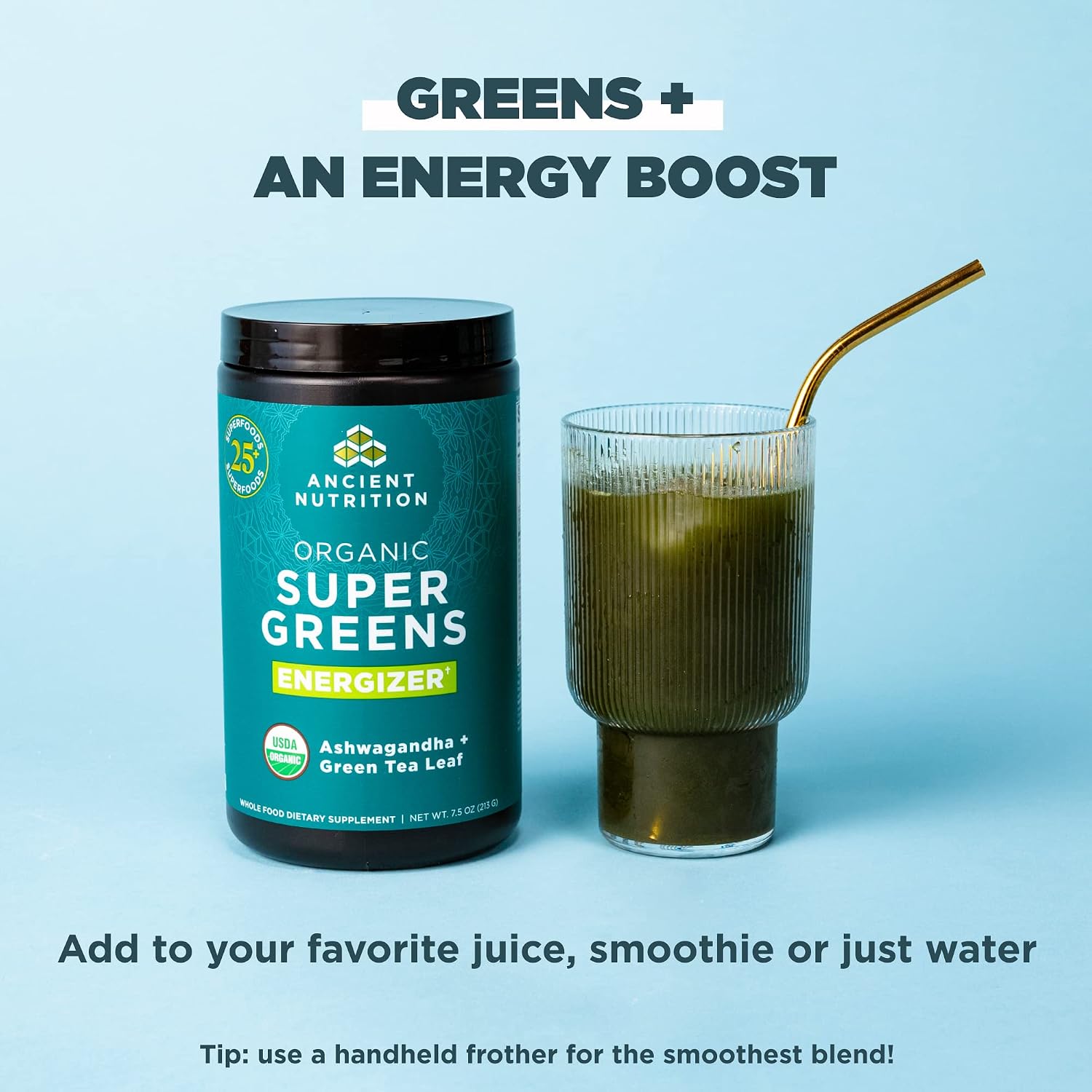 Ancient Nutrition Organic SuperGreens Energizer Powder with Probiotics and B12, Made from Real Fruits, Vegetables and Herbs, for Digestive, Detoxification and Energy Support, 25 Servings