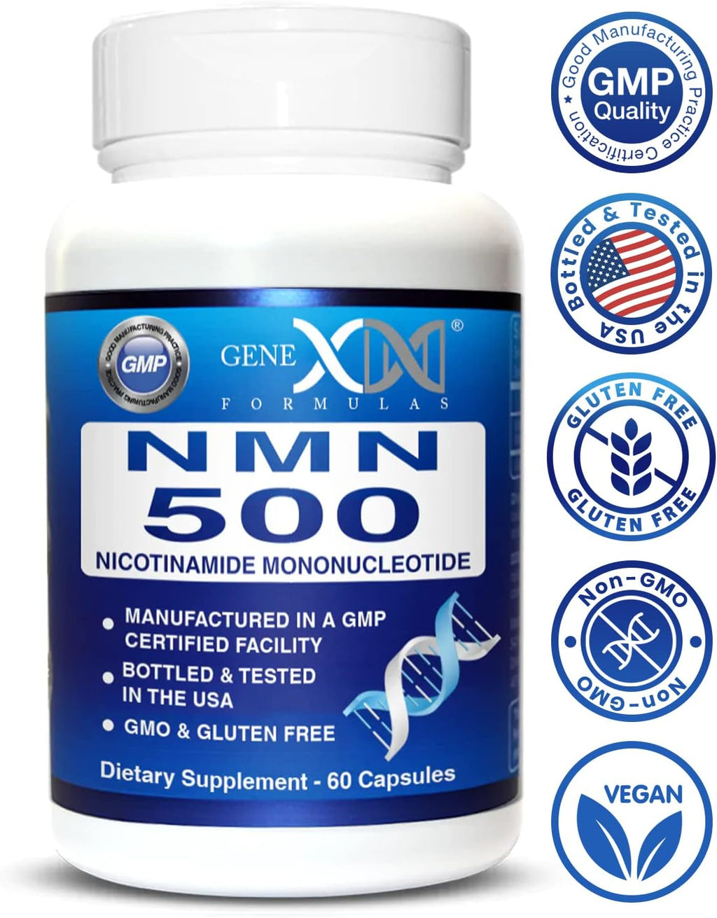 Genex Formulas NMN 500mg – 99% Pureza, 60 Cápsulas, para Niveles de NAD+ y Envejecimiento Saludable