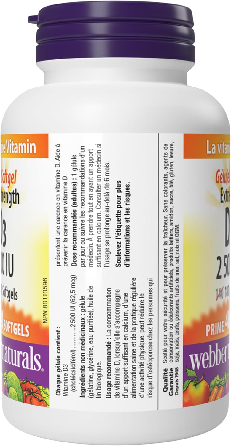 Webber Naturals Vitamina D3 2500 IU Extra Strength, 180 Cápsulas Blandas