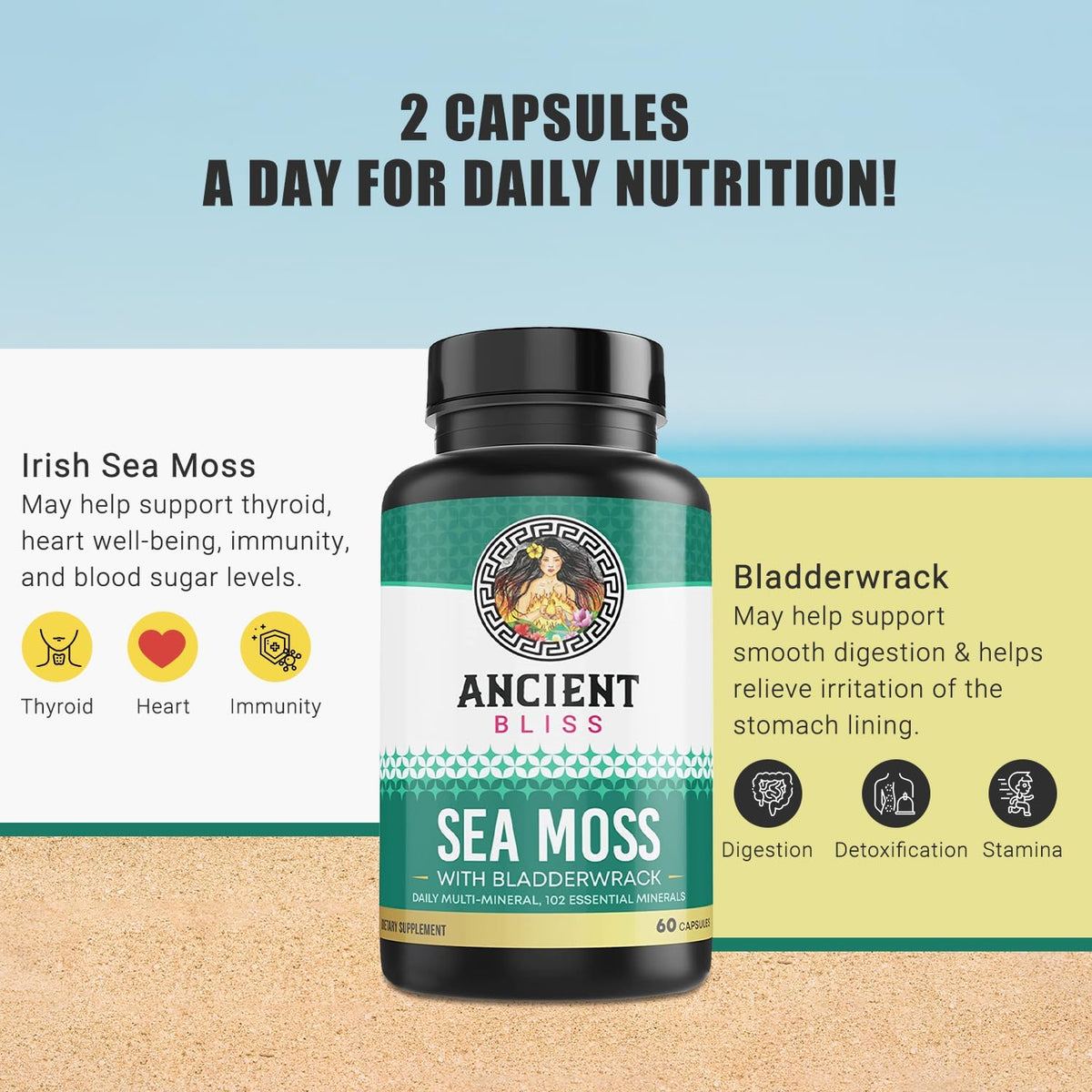Ancient Bliss Organic Irish Sea Moss Pills - Dr Sebi Wildcrafted Seamoss Capsules | Thyroid, Healthy Skin & Gut Support | – Image 3