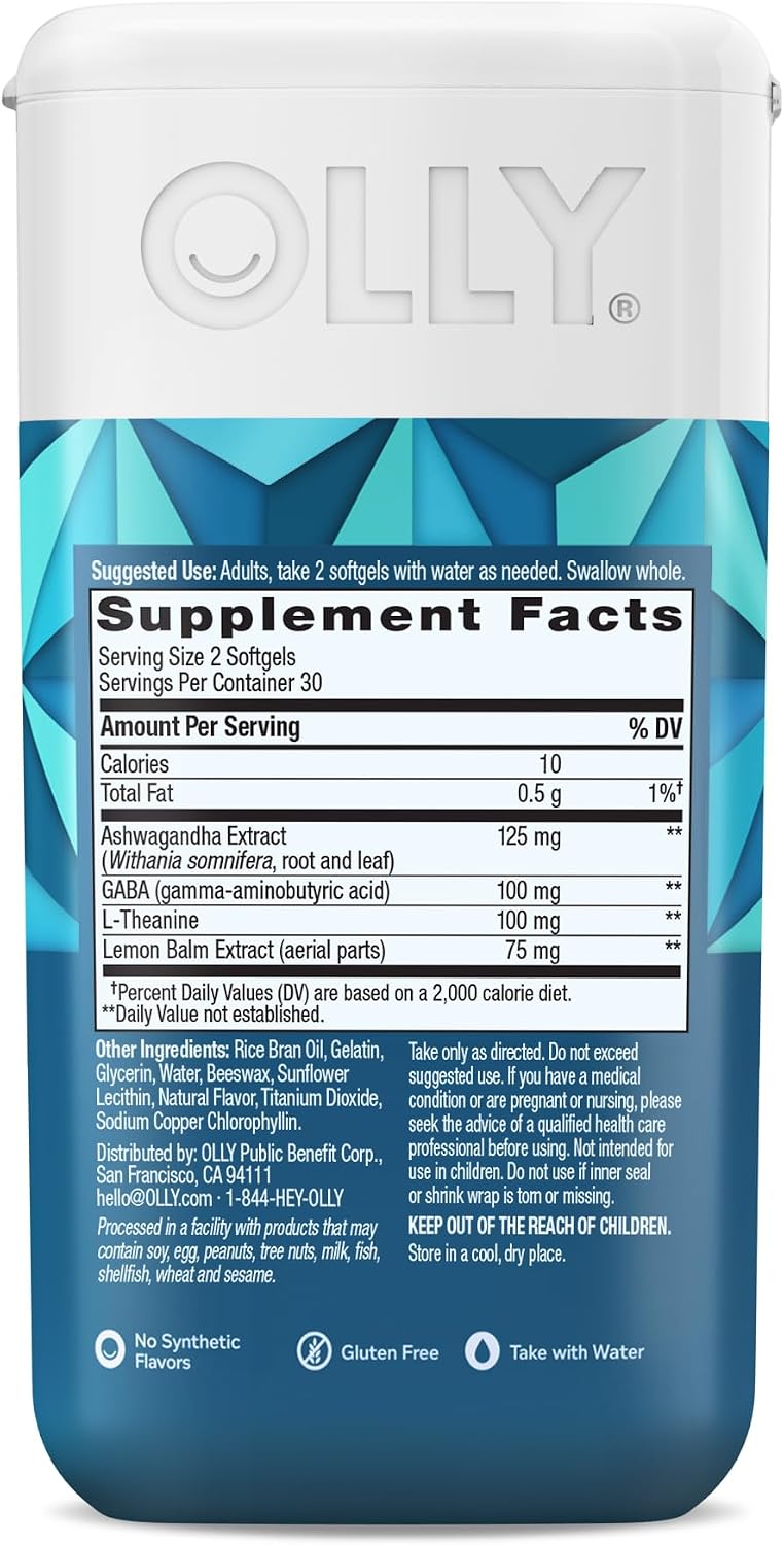 OLLY Ultra Strength Goodbye Stress Softgels - Complemento para el Estrés con GABA, Ashwagandha y L-Teanina, 60 Cápsulas