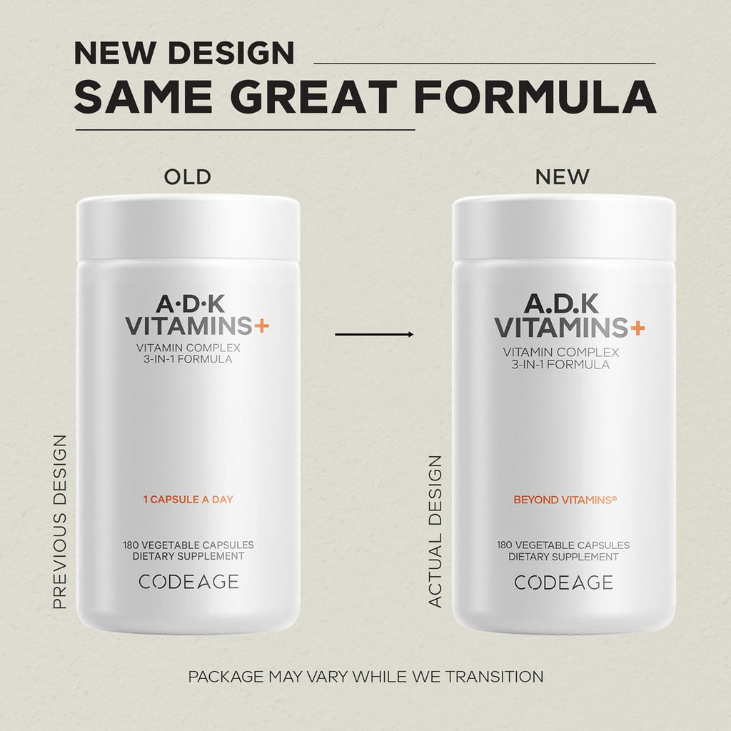 Codeage ADK Vitaminas+ Complejo de Vitaminas A, D3, K1 y K2 - 2 Envases (360 Cápsulas)