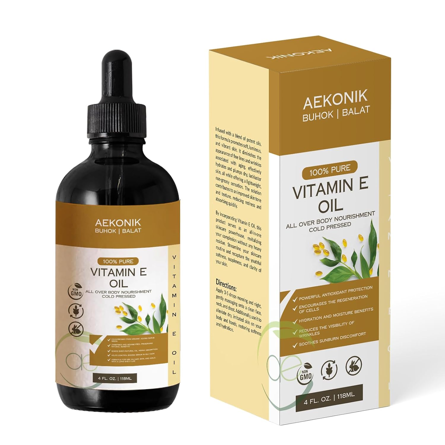 Aceite de Vitamina E Orgánico AEKONIK - Puro para Cuidado Corporal y Facial - 118 ml