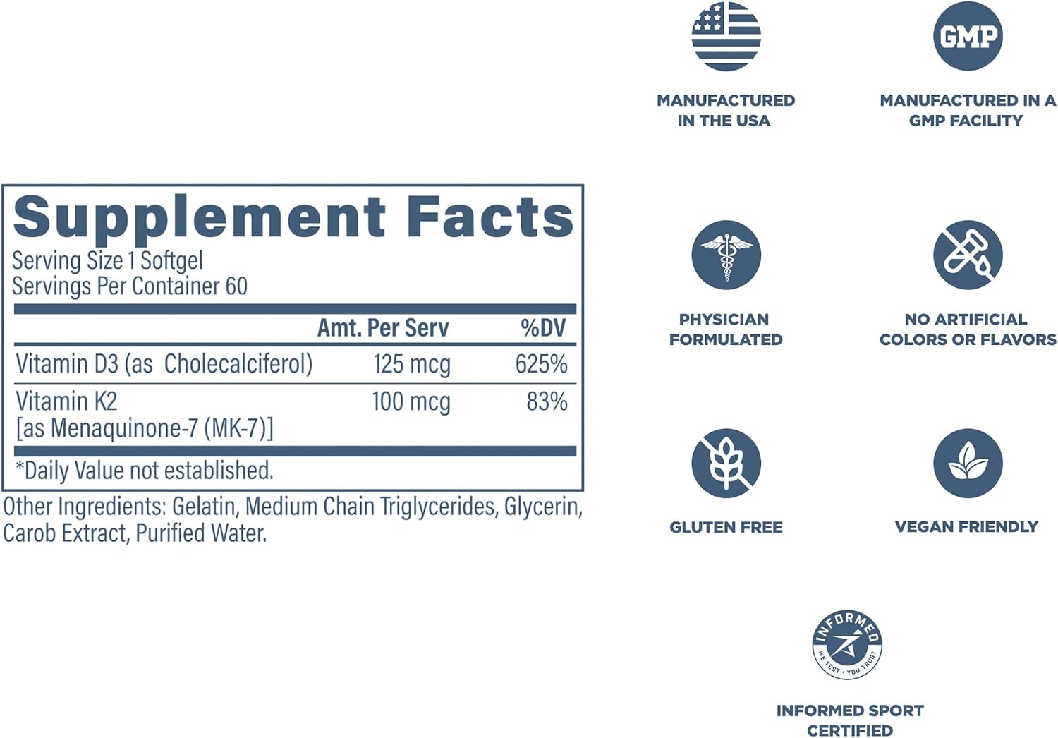 Revive MD Vitamina D3 y K2, 5000 UI, 60 cápsulas