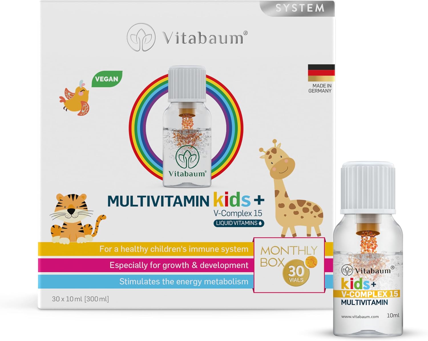 Vitabaum® Multivitamin Kids – Vitaminas infantiles para un crecimiento saludable – 30 viales – 10 ml cada uno – Sistema innovador Twist and Mix™ para una absorción rápida – Vegano, sin gluten