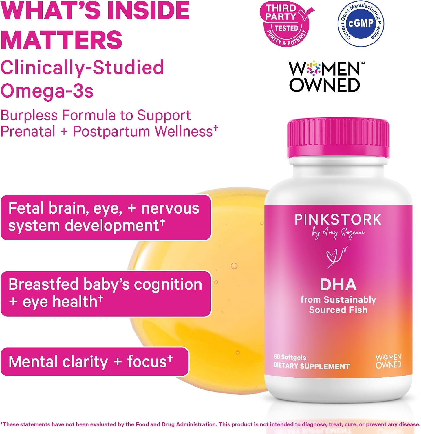 Pink Stork Omega-3 DHA - 540 mg de Aceite de Pescado con DHA y EPA, Suplemento Prenatal y Postparto para la Salud Cognitiva y el Desarrollo Fetal - 60 Cápsulas Blandas