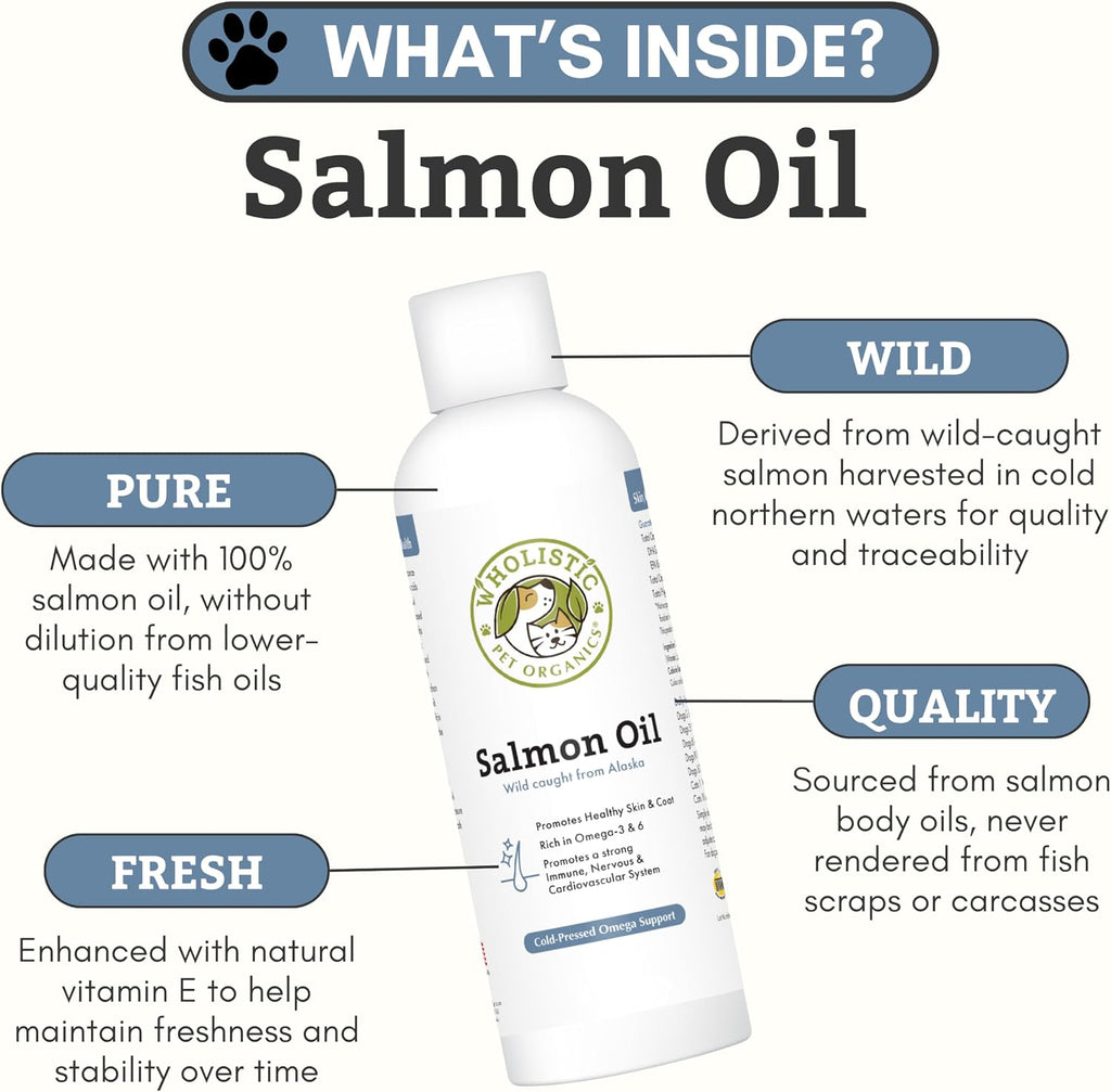 Wholistic Pet Organics Aceite de Salmón Salvaje de Alaska para Perros y Gatos - Omega 3 Liquido - 4 oz