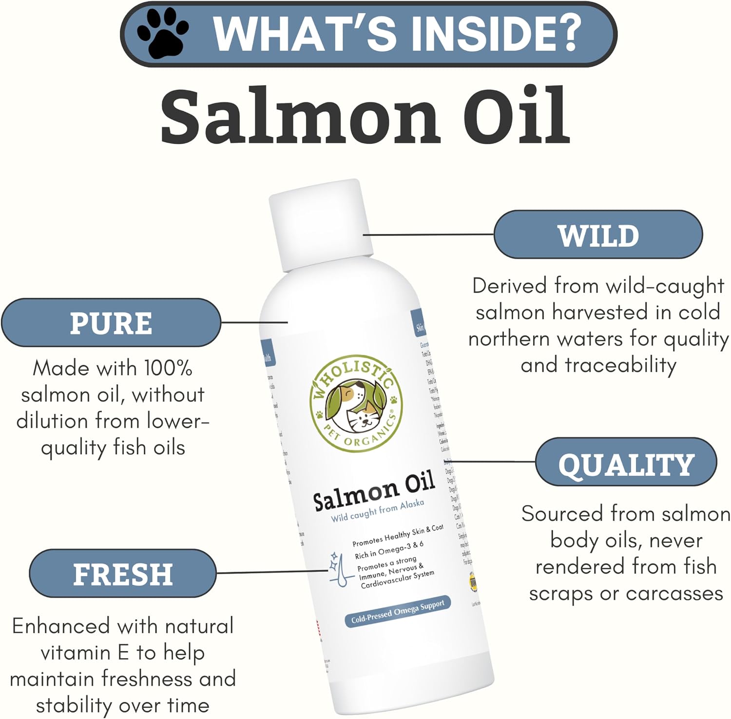 Wholistic Pet Organics Aceite de Salmón Salvaje de Alaska para Perros y Gatos - Omega 3 Liquido - 4 oz