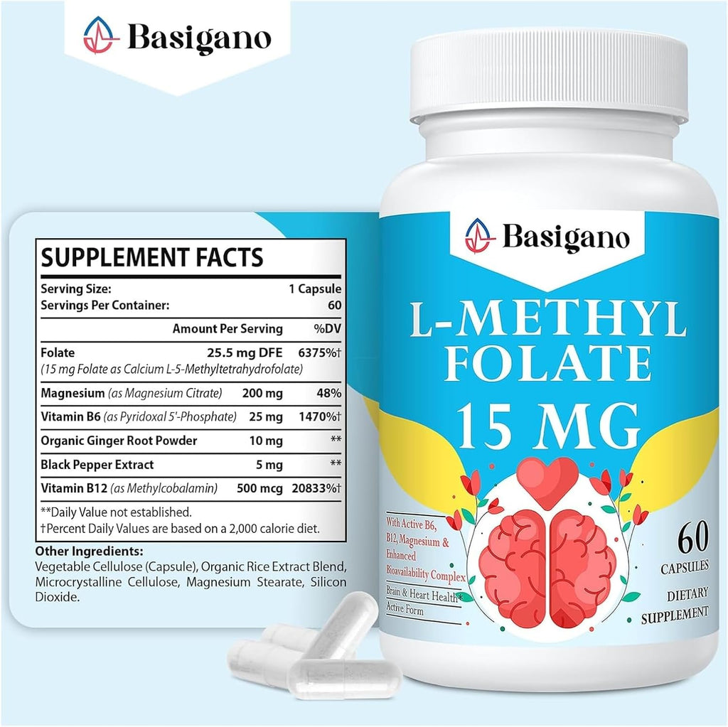 L-Metilfolato 15mg (5-MTHF) - Ácido Fólico Activo Enriquecido con Vitaminas B6 y B12 - 60 Cápsulas Vegetales - No GMO, Sin Gluten