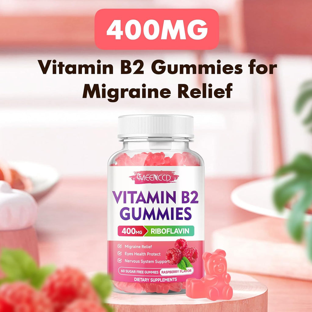 Gominolas de Vitamina B2 (Riboflavina) 400 mg con Magnesio – Sin Azúcar, Veganas, Sabor Frambuesa – 60 Unidades