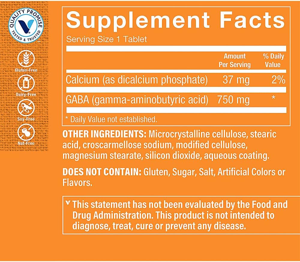 The Vitamin Shoppe GABA 750mg (Gamma-Aminobutyric Acid) - 90 Comprimidos