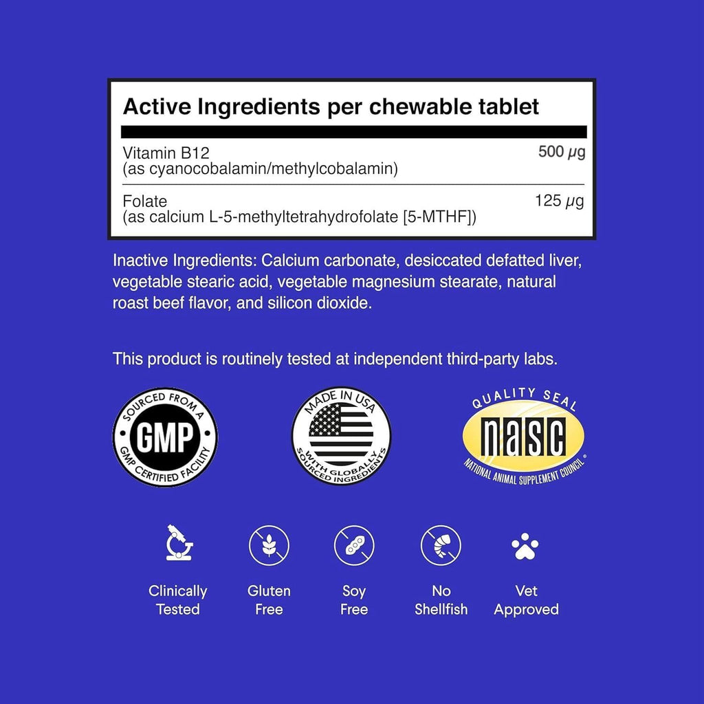 Suplemento de Vitamina B12 para Perros – B-12 para Todas las Edades, Tamaños y Razas – con Metilcobalamina, Cobalamina y Folato (5-MTHF) – 90 Comprimibles Sabor Carne