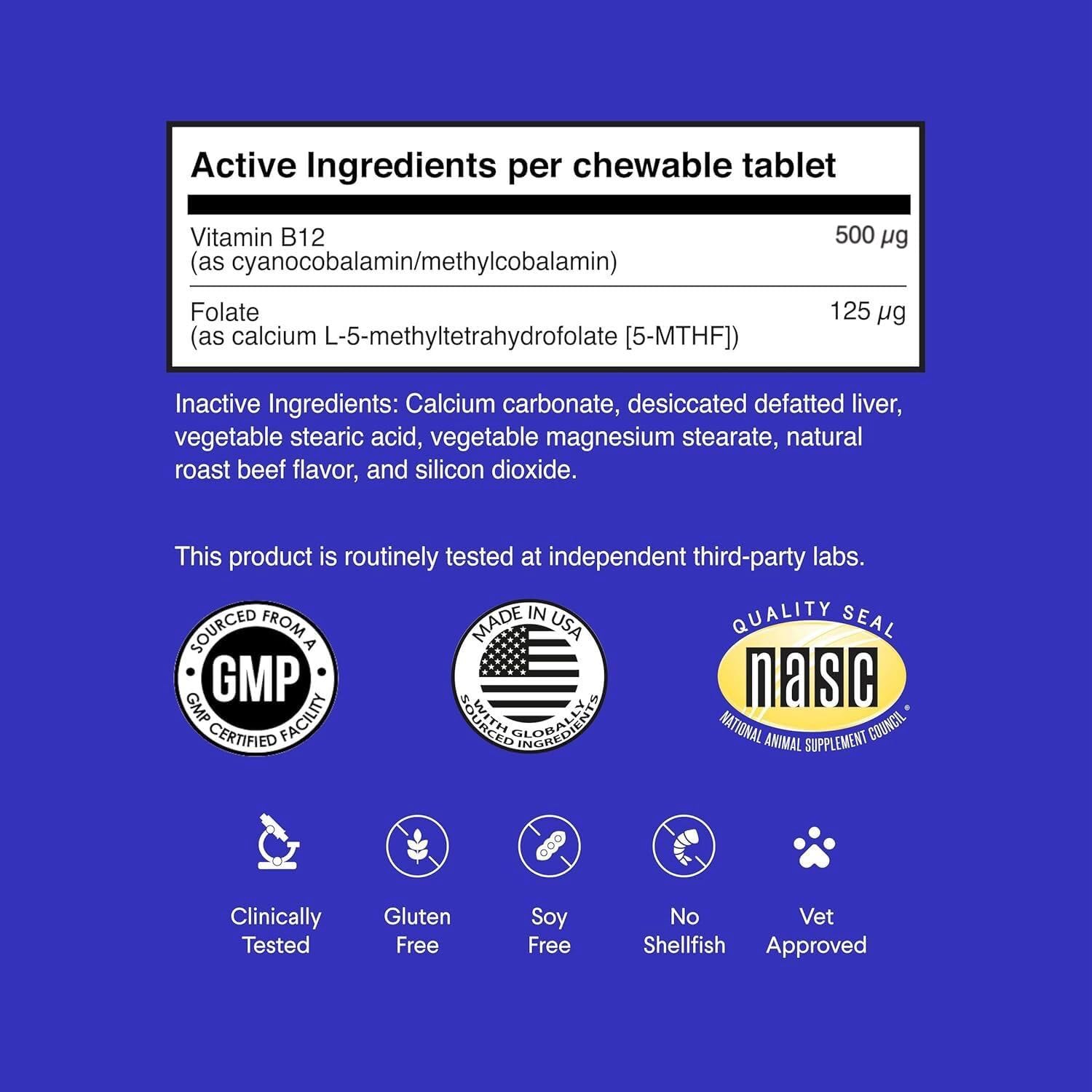 Suplemento de Vitamina B12 para Perros – B-12 para Todas las Edades, Tamaños y Razas – con Metilcobalamina, Cobalamina y Folato (5-MTHF) – 90 Comprimibles Sabor Carne