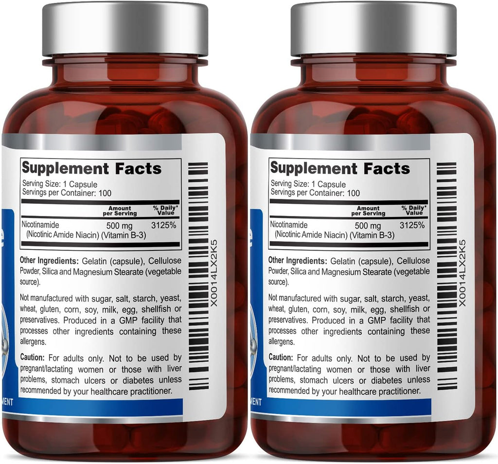 B-3 Nicotinamida 500 mg 100 Cápsulas (2 Paquetes) - Fórmula de Niacina Natural Sin Enrojecimiento - Health Genesis