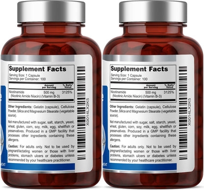 B-3 Nicotinamida 500 mg 100 Cápsulas (2 – Funcionamiento normal del sistema nervioso: Mantiene la salud neuronal y – Image 2