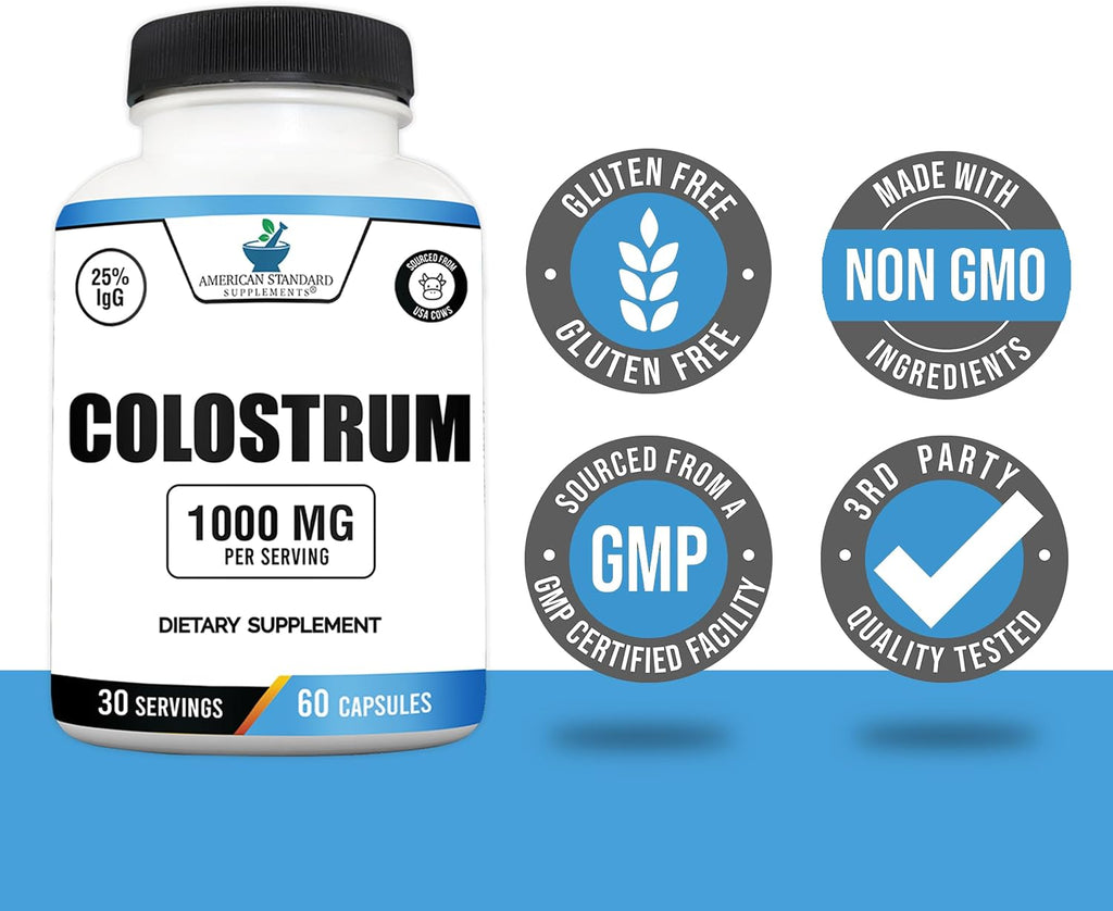 American Standard Supplements Calostro Bovino en Cápsulas - 1000mg por Dosis, 60 Cápsulas, Estandarizado al 25% de Inmunoglobulinas (IgG)