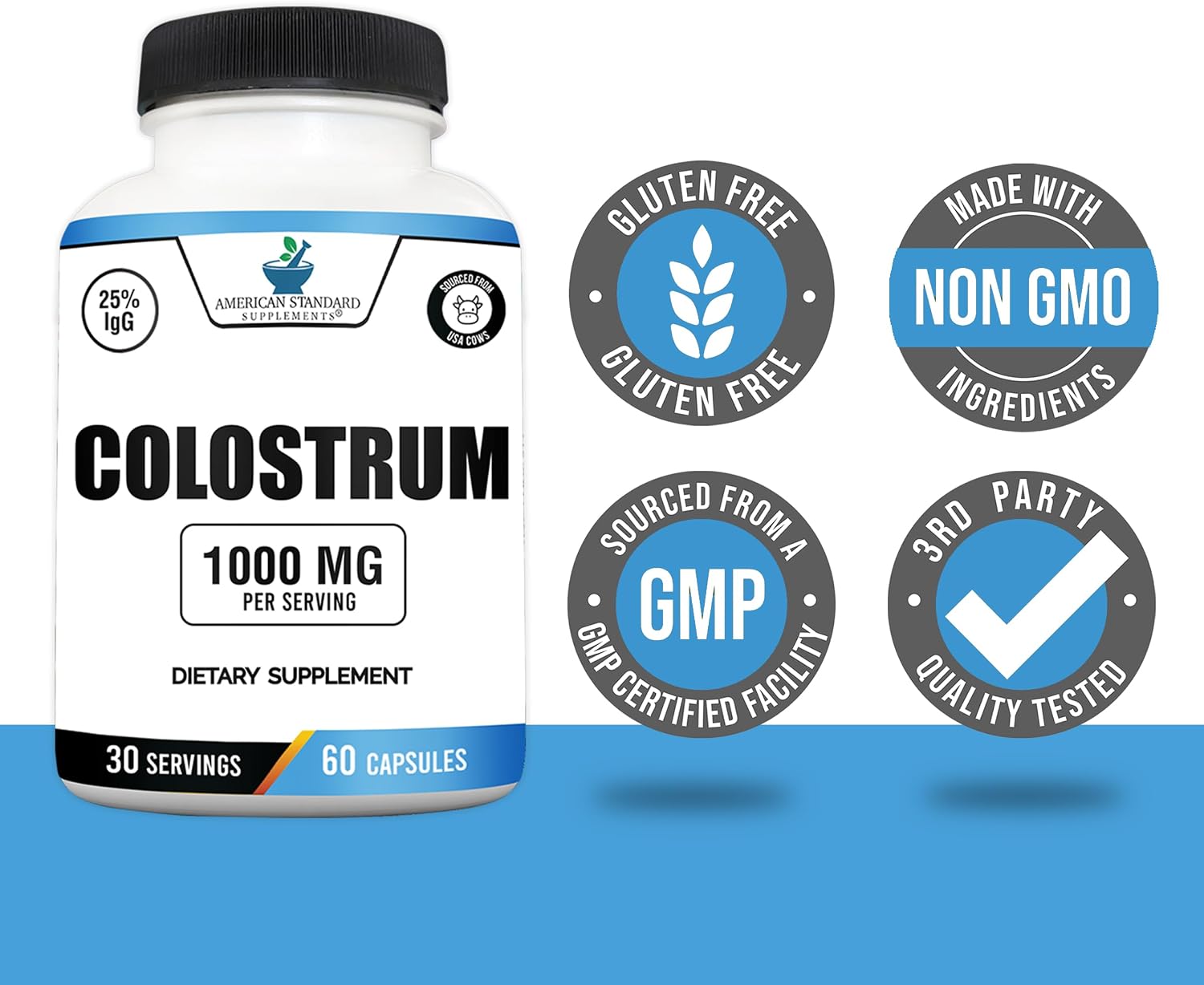 American Standard Supplements Calostro Bovino en Cápsulas - 1000mg por Dosis, 60 Cápsulas, Estandarizado al 25% de Inmunoglobulinas (IgG)