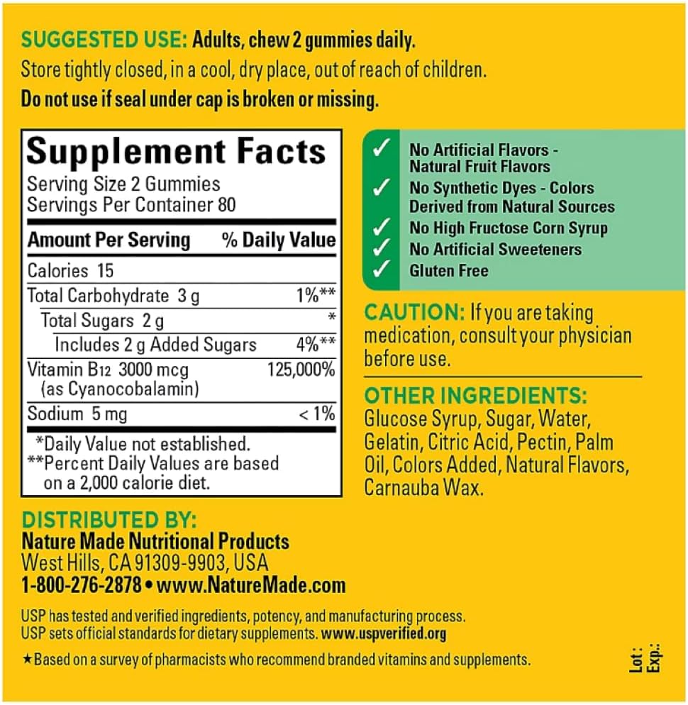 Nature Made Vitamina B12 Gominolas Extra Strength 3000 mcg por 2 gominolas (160 unidades)