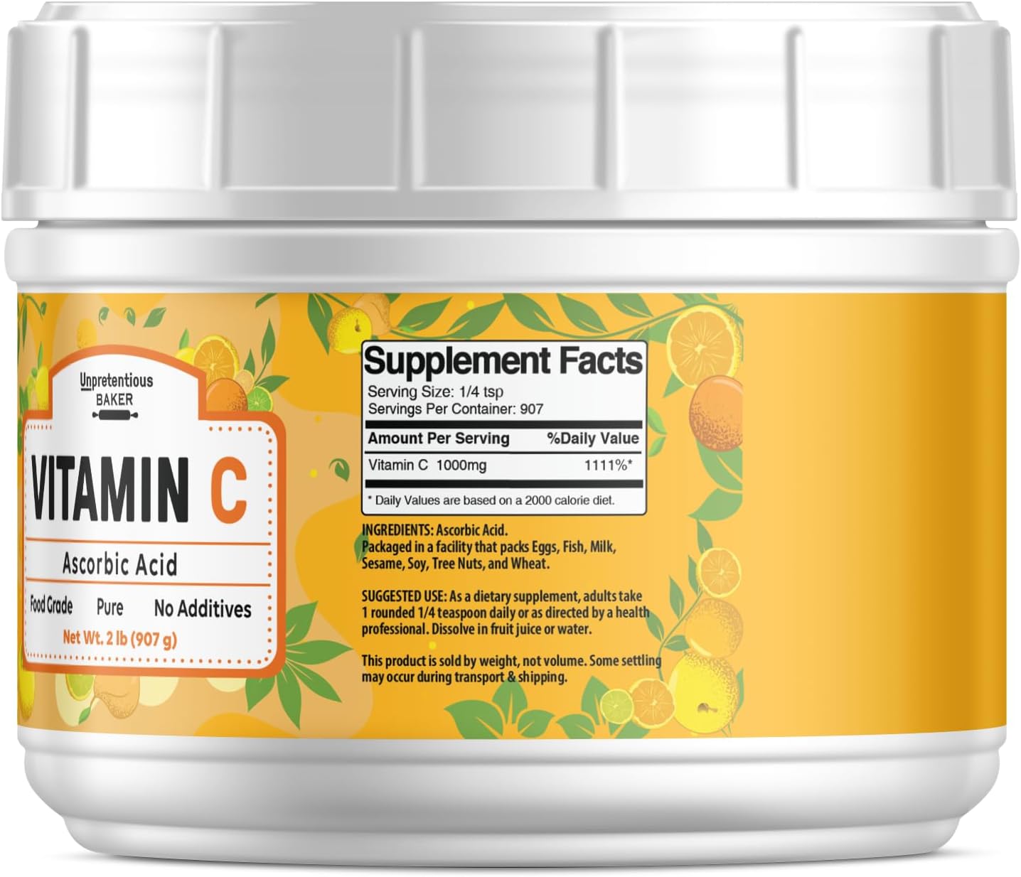 Unpretentious Vitamina C en Polvo (907 g) Ácido Ascórbico Puro, Bote Resellable