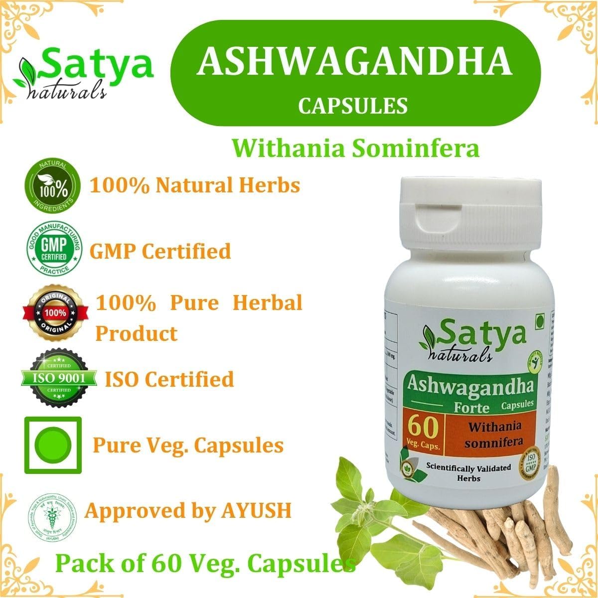 Ashwagandha Forte Cápsulas 500 mg – 60 Cápsulas Vegetales – Satya Naturals (Pack de 4)