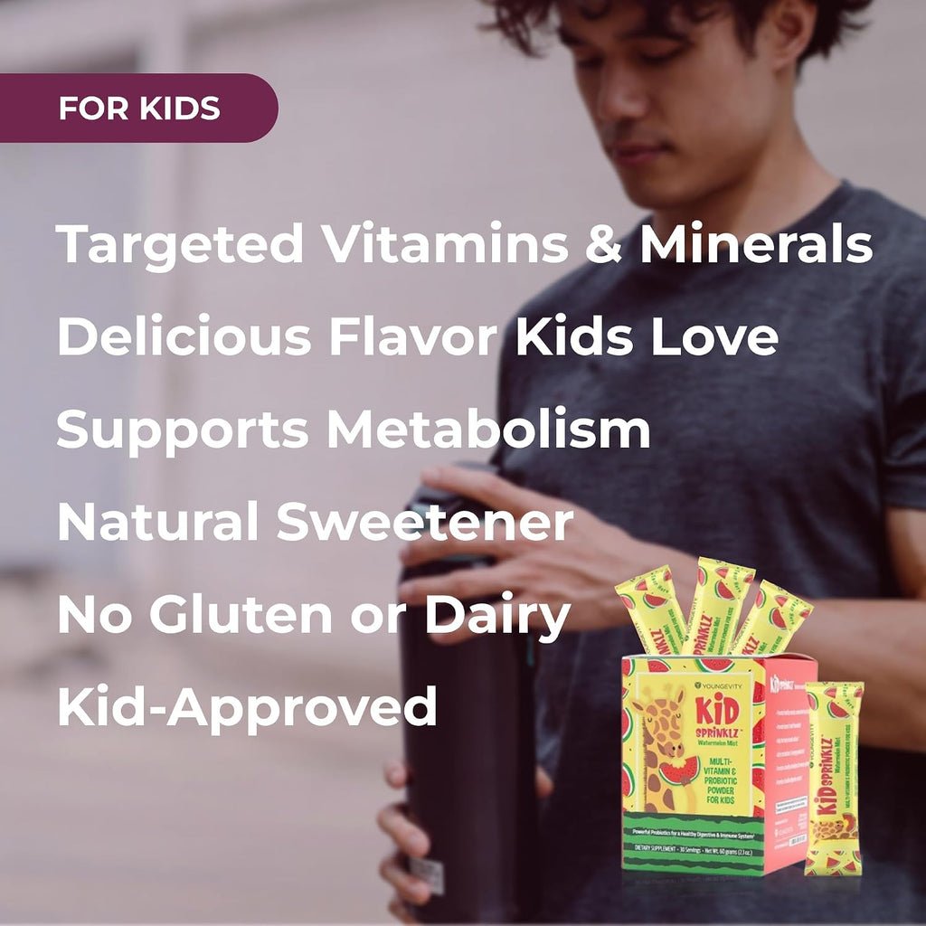 Youngevity Kidsprinklz Multivitamínico en Polvo Sabor Sandía - Multivitaminas y Probióticos para Niños - 30 Dosis