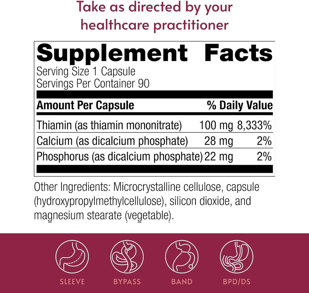Bariatric Advantage Vitamina B1 Tiamina - 100 mg Mononitrato de Tiamina - Cápsulas de Fácil Digestión - 90 unidades