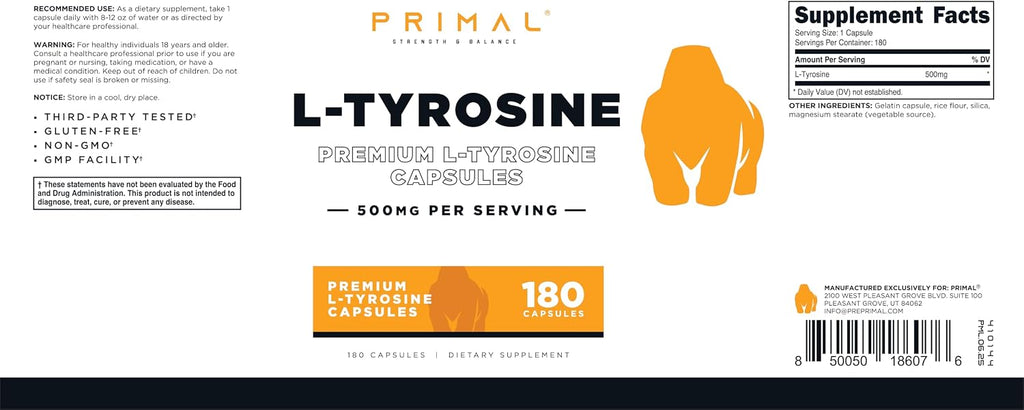 Primal L-Tyrosine Cápsulas (180 Cápsulas / 500 mg por Porción) | Suplemento de Aminoácido Tirosina