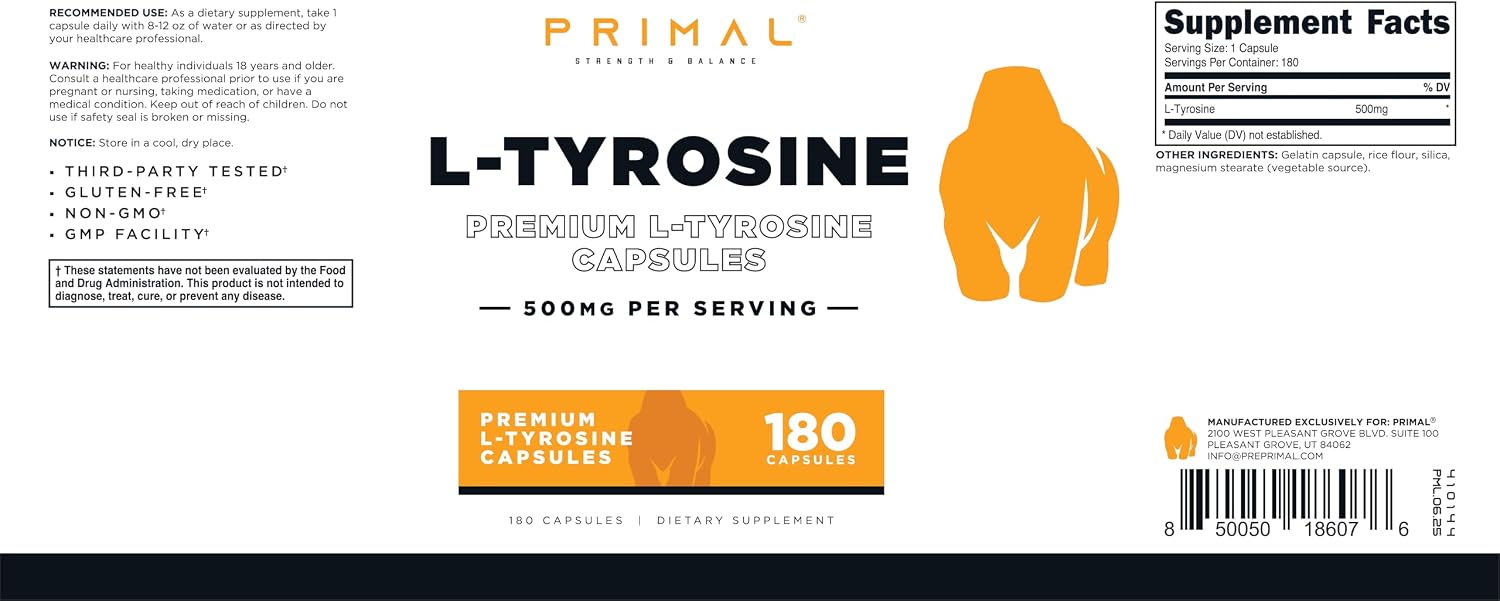 Primal L-Tyrosine Cápsulas (180 Cápsulas / 500 mg por Porción) | Suplemento de Aminoácido Tirosina
