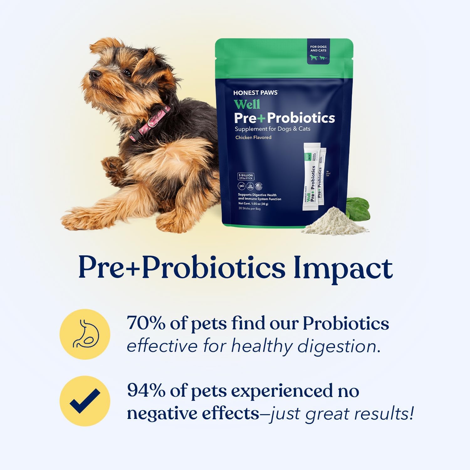 Honest Paws Probióticos para perros - Apoyo digestivo e inmunitario con prebiótico, 30 sticks