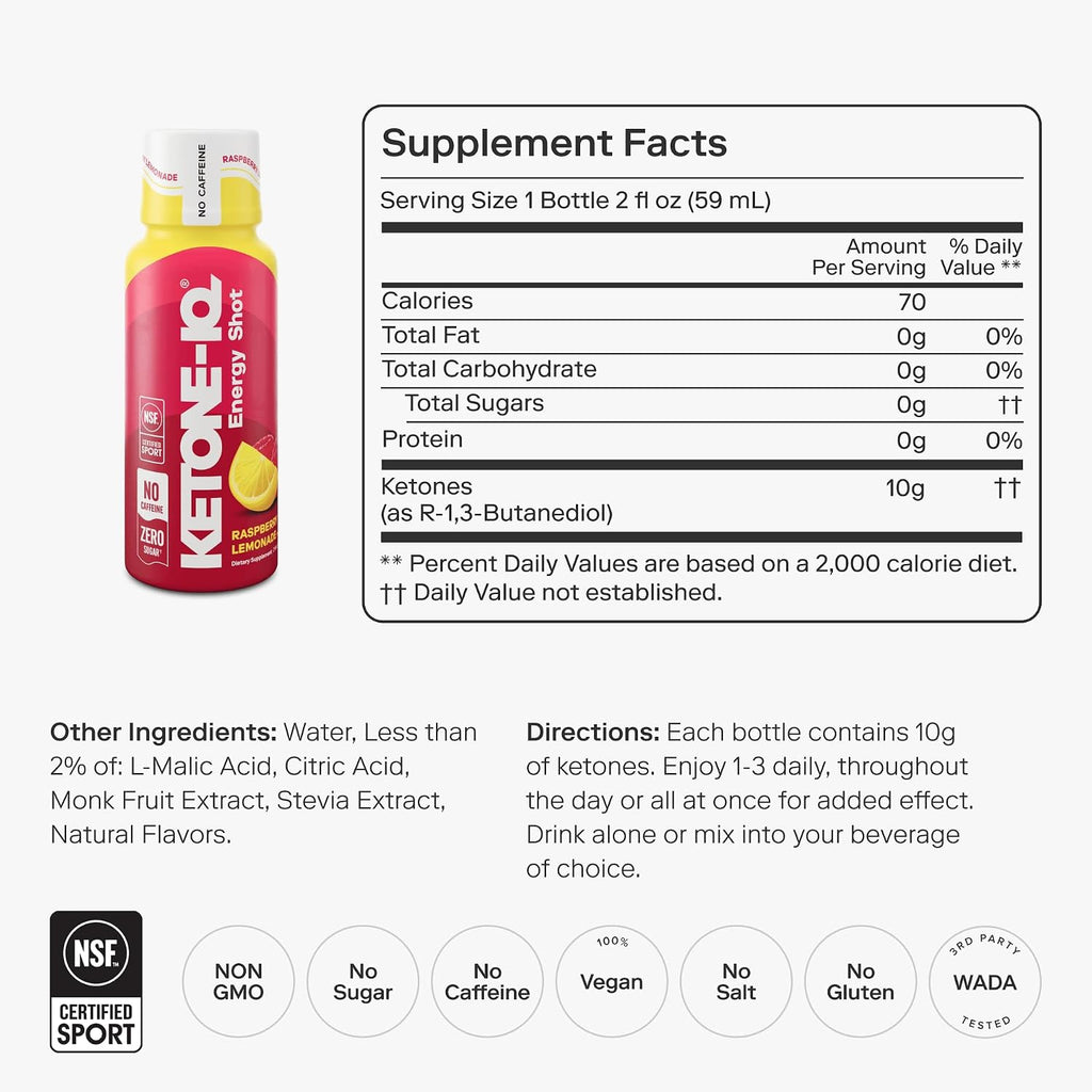 Ketone-IQ No Caffeine Performance Energy Shots – Combustible de Cetonas para Enfoque y Resistencia, 10g de Cetonas, 24 Pack (Raspberry Lemonade)