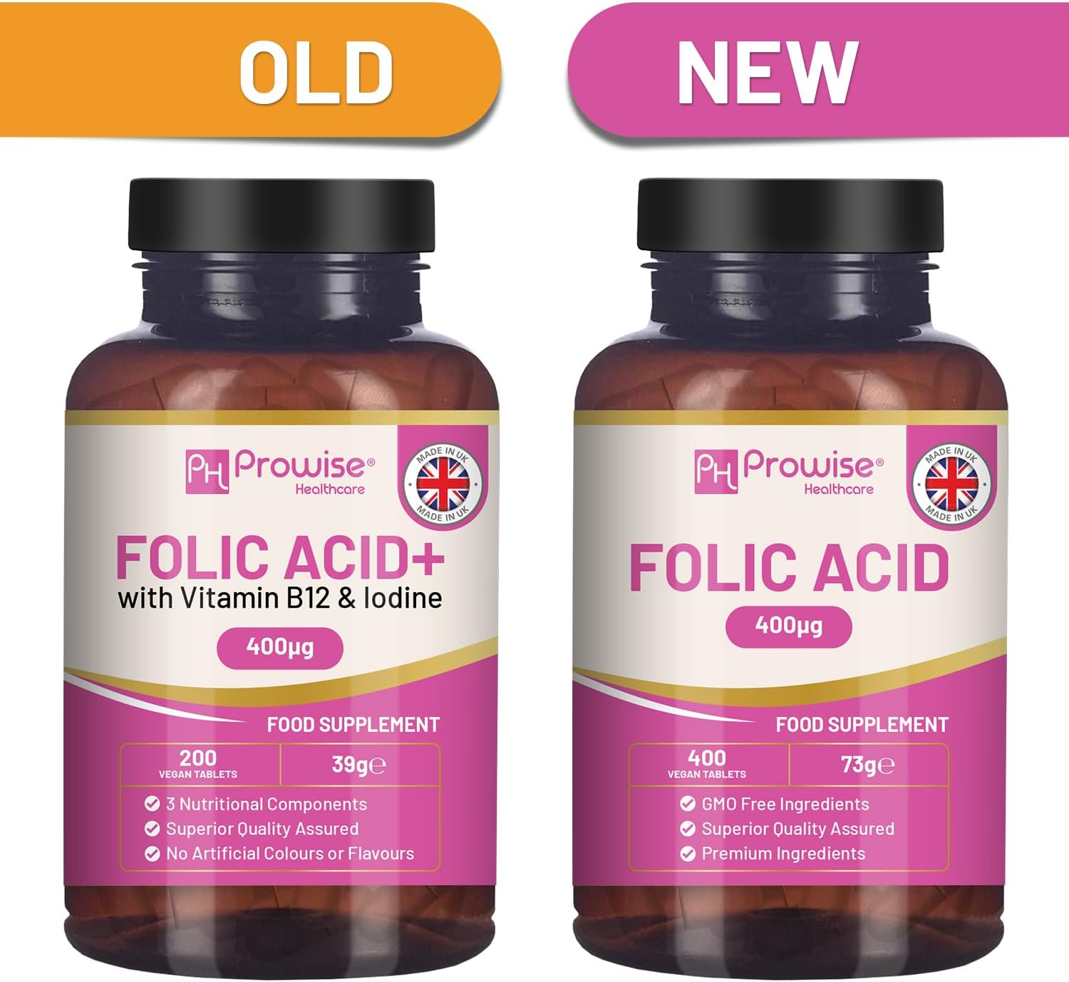 Ácido Fólico 400 mcg - 400 Comprimidos Veganos de Vitamina B9 | Cuidado del Embarazo | Hecho en Reino Unido – Prowise