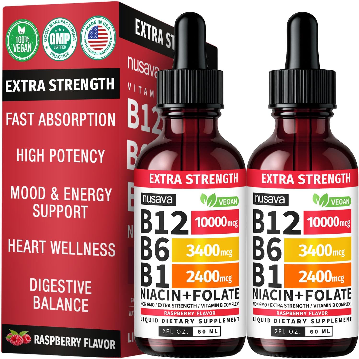 NUSAVA Complejo B12 Líquido Extra Fuerte 10000mcg - Gotas Sublinguales con Metilcobalamina, Sabor Frambuesa (Pack de 2)