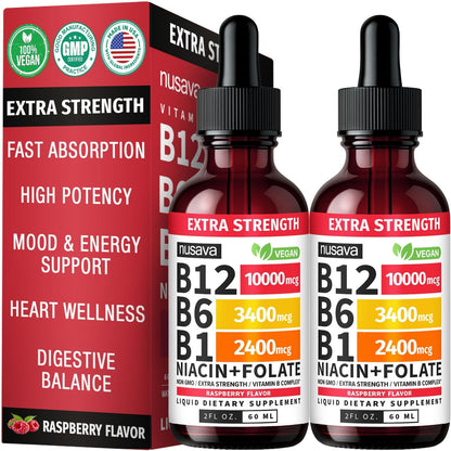 NUSAVA Complejo B12 Líquido Extra Fuerte 10000mcg - Gotas Sublinguales con Metilcobalamina, Sabor Frambuesa (Pack de 2) – Image 1