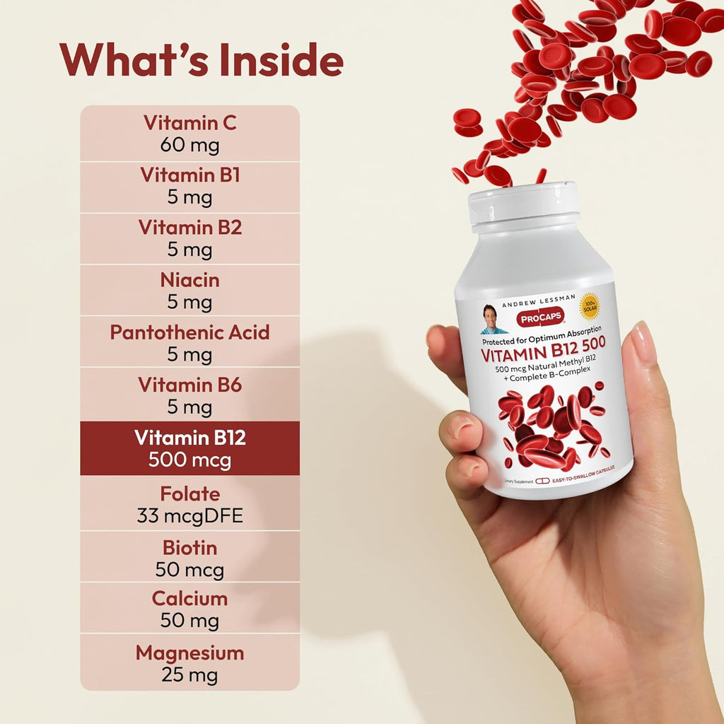 ANDREW LESSMAN Vitamina B12 500 mcg - Metilcobalamina Natural, 60 Cápsulas