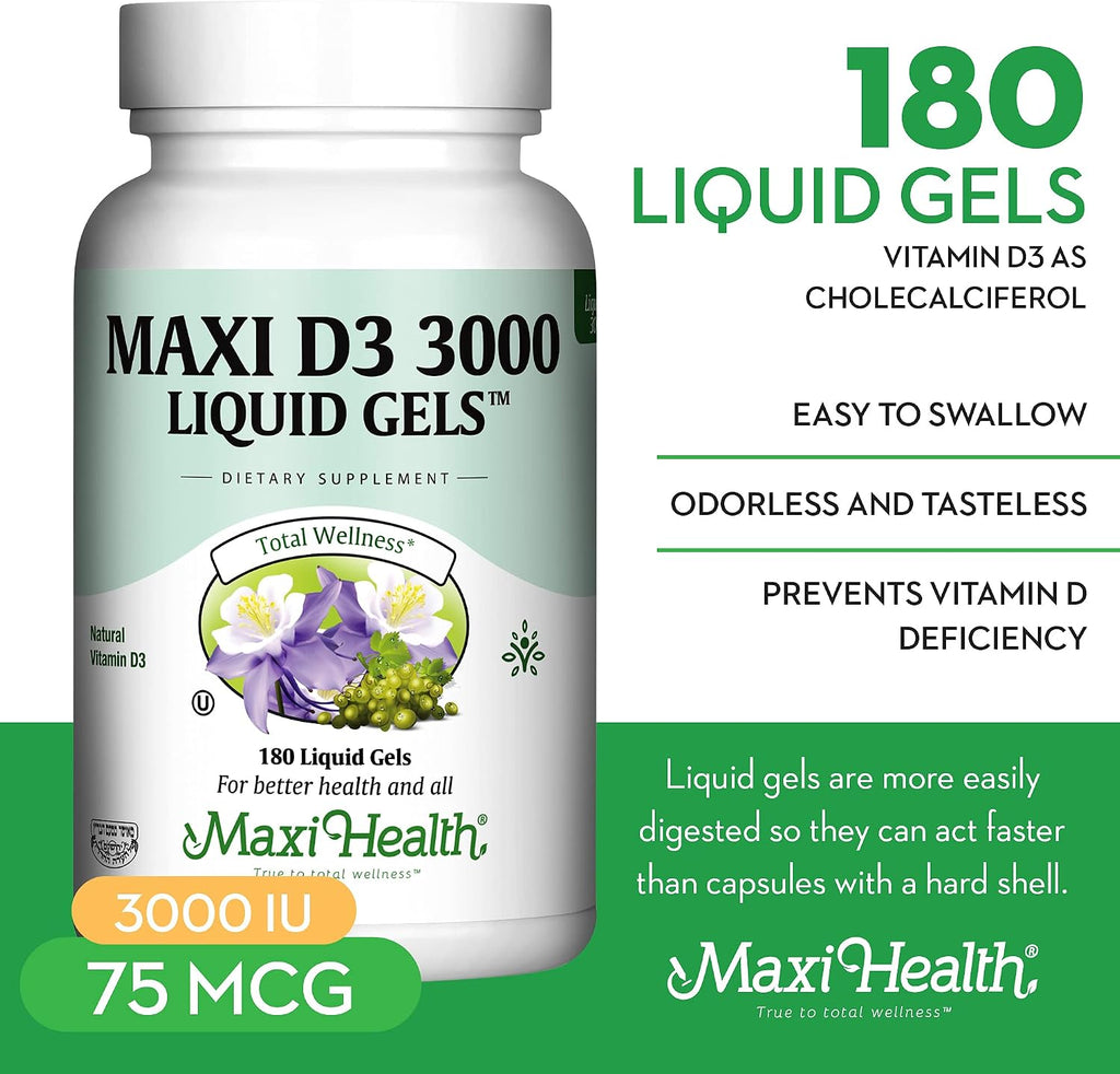 Maxi Health Vitamina D3 3000 IU 75 mcg 180 Cápsulas Blandas