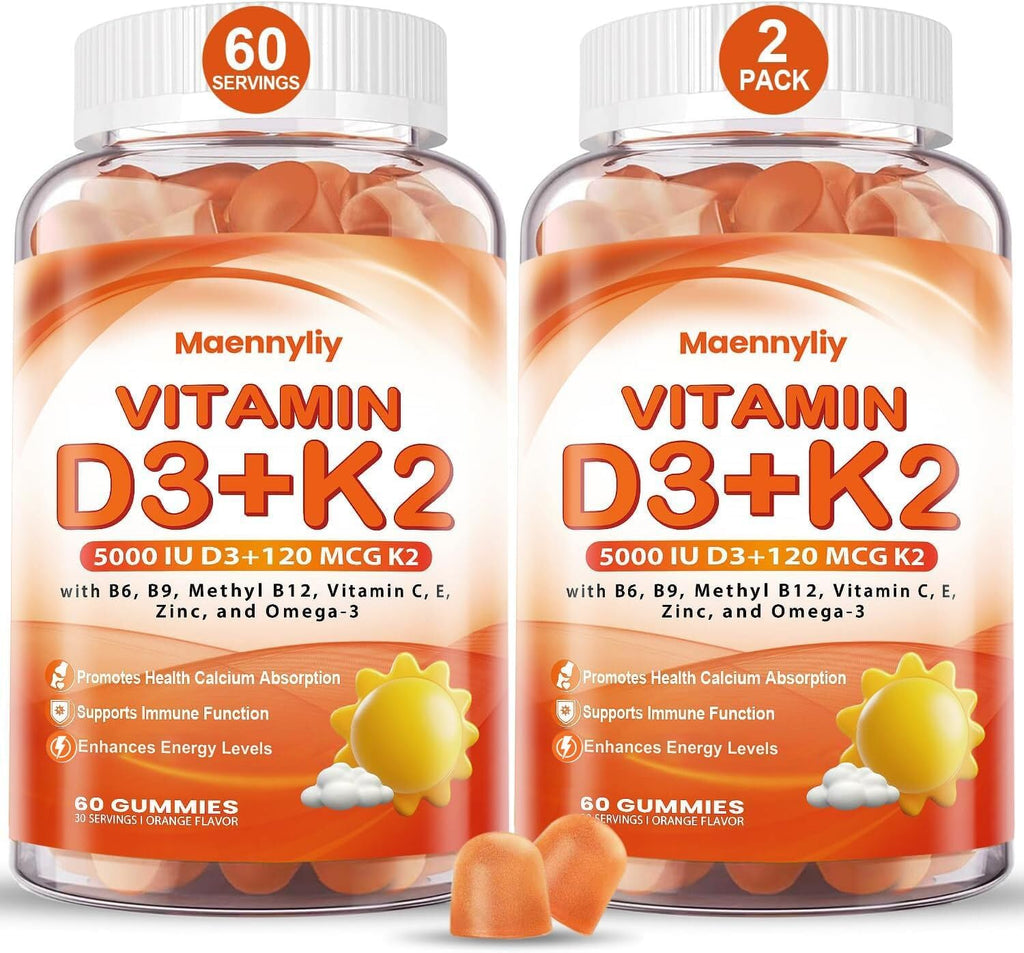 Maennyliy Vitamin D3 K2 Gummies - 5000IU D3 + 120mcg K2 (MK-7) - Sin Azúcar con Omega-3, Metil B12, B9, B6, Vitamina C, E, Magnesio y Zinc