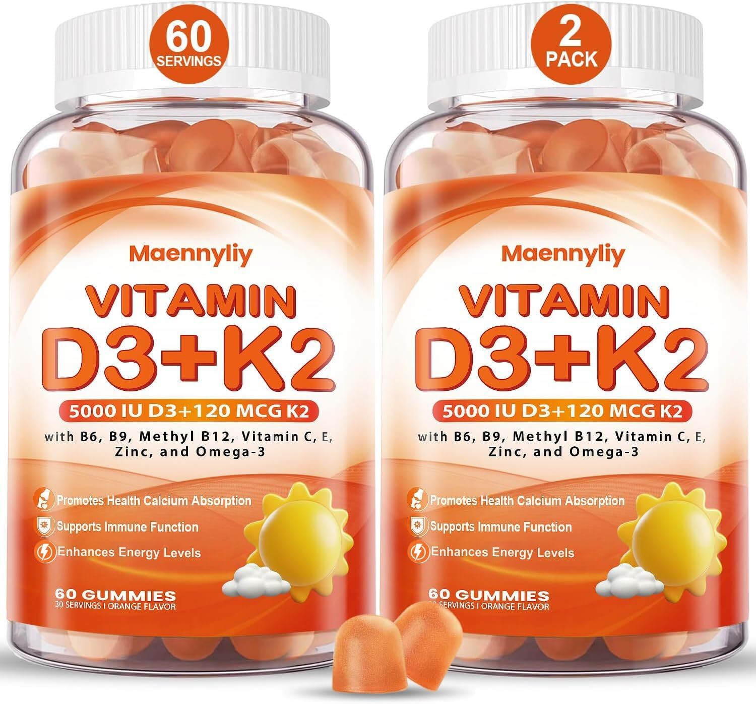 Maennyliy Vitamin D3 K2 Gummies - 5000IU D3 + 120mcg K2 (MK-7) - Sin Azúcar con Omega-3, Metil B12, B9, B6, Vitamina C, E, Magnesio y Zinc