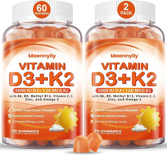 Maennyliy Vitamin D3 K2 Gummies - 5000IU D3 + 120mcg K2 (MK-7) - Sin Azúcar con Omega-3, Metil B12, B9, B6, Vitamina C, E, Magnesio y Zinc