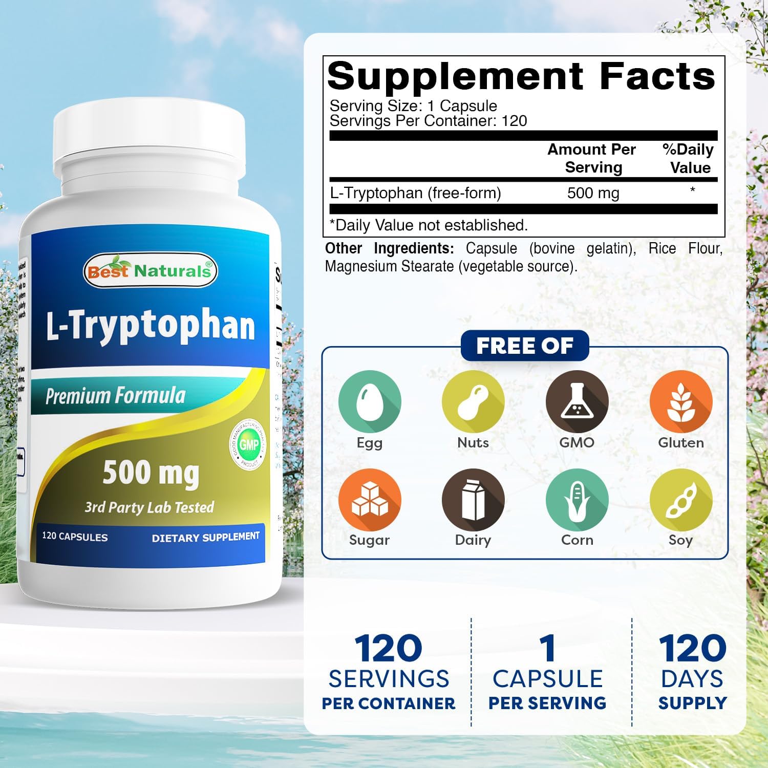 Best Naturals L-Triptófano 500 mg, 120 Cápsulas (Pack de 3)