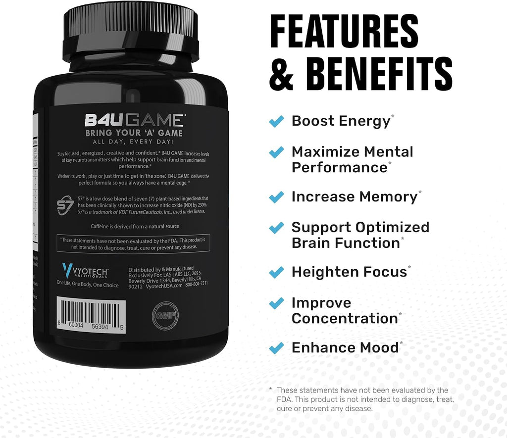B4UGAME Brain Booster | Suplemento Nootrópico para Enfoque, Memoria y Energía | 60 Cápsulas