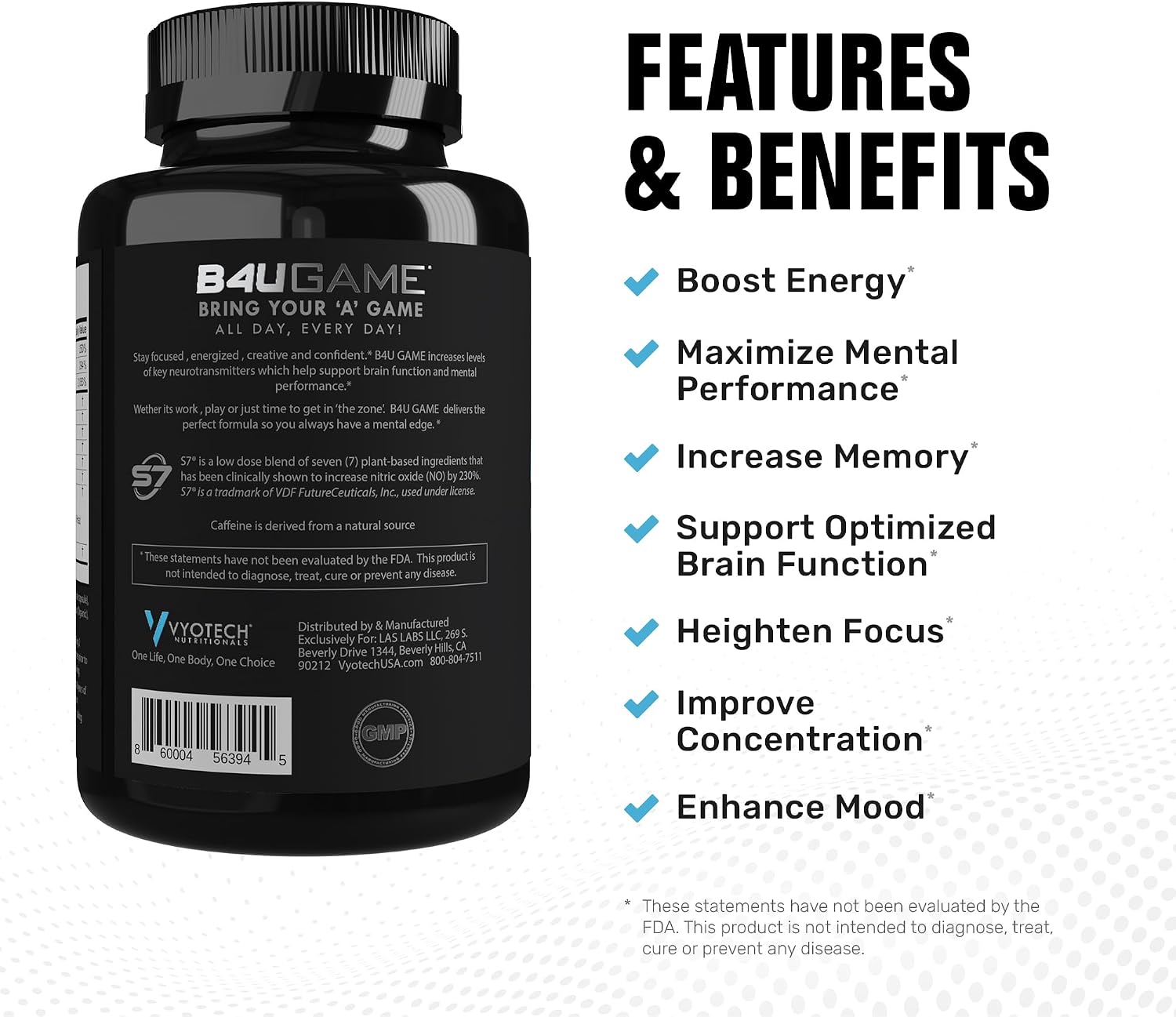 B4UGAME Brain Booster | Suplemento Nootrópico para Enfoque, Memoria y Energía | 60 Cápsulas