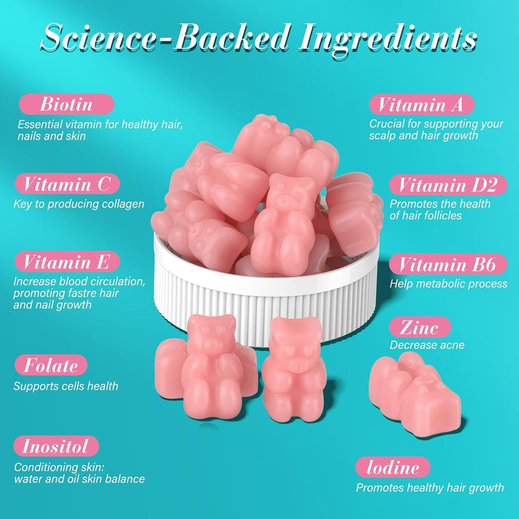 Lazpowfi Biotin Gummies - Gominolas de Biotina para Cabello, Piel y Uñas, Vegano, 60 unidades