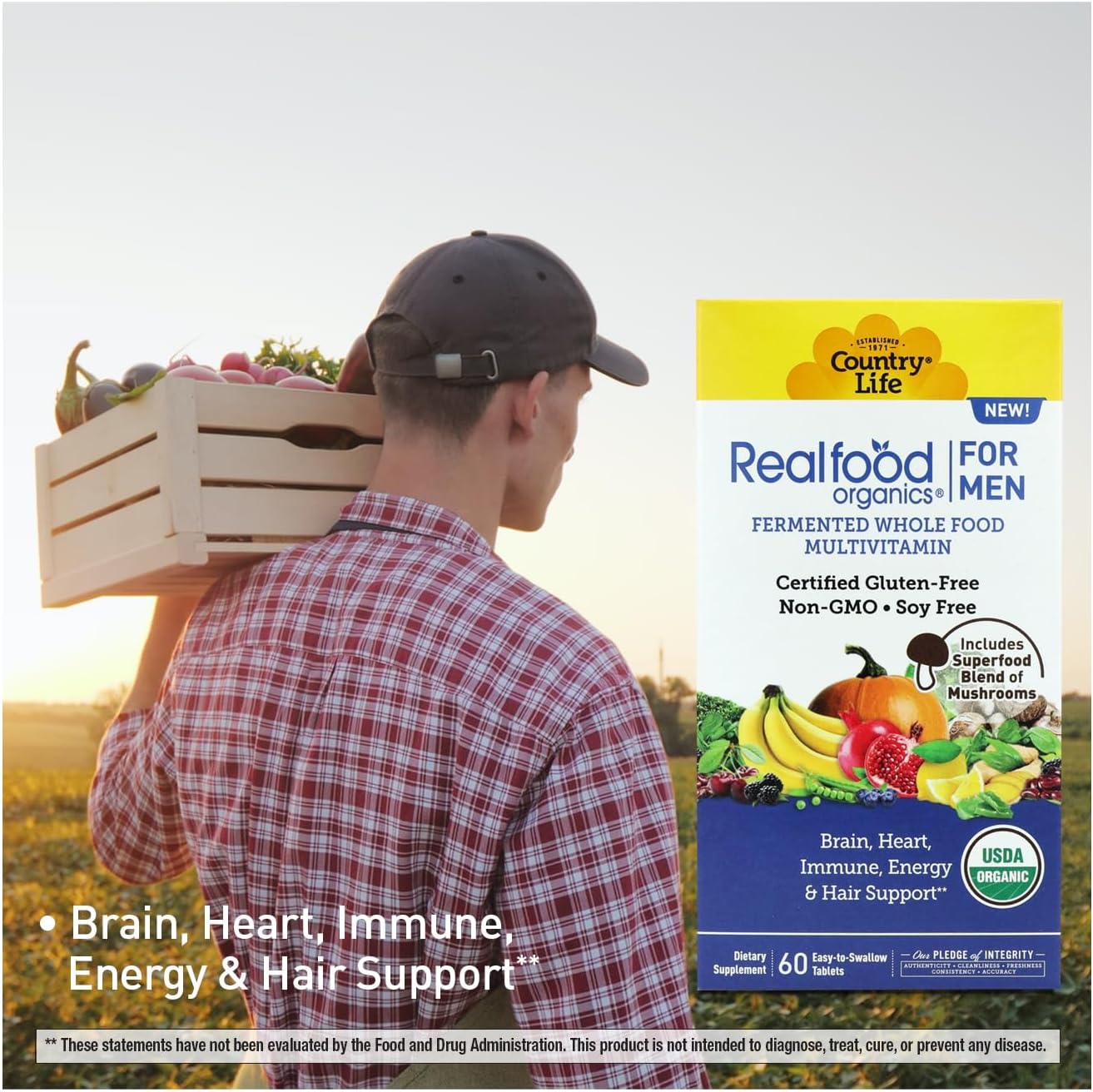 Country Life RealFood Organics for Men – Multivitamínico Orgánico para Hombre, 60 Comprimidos
