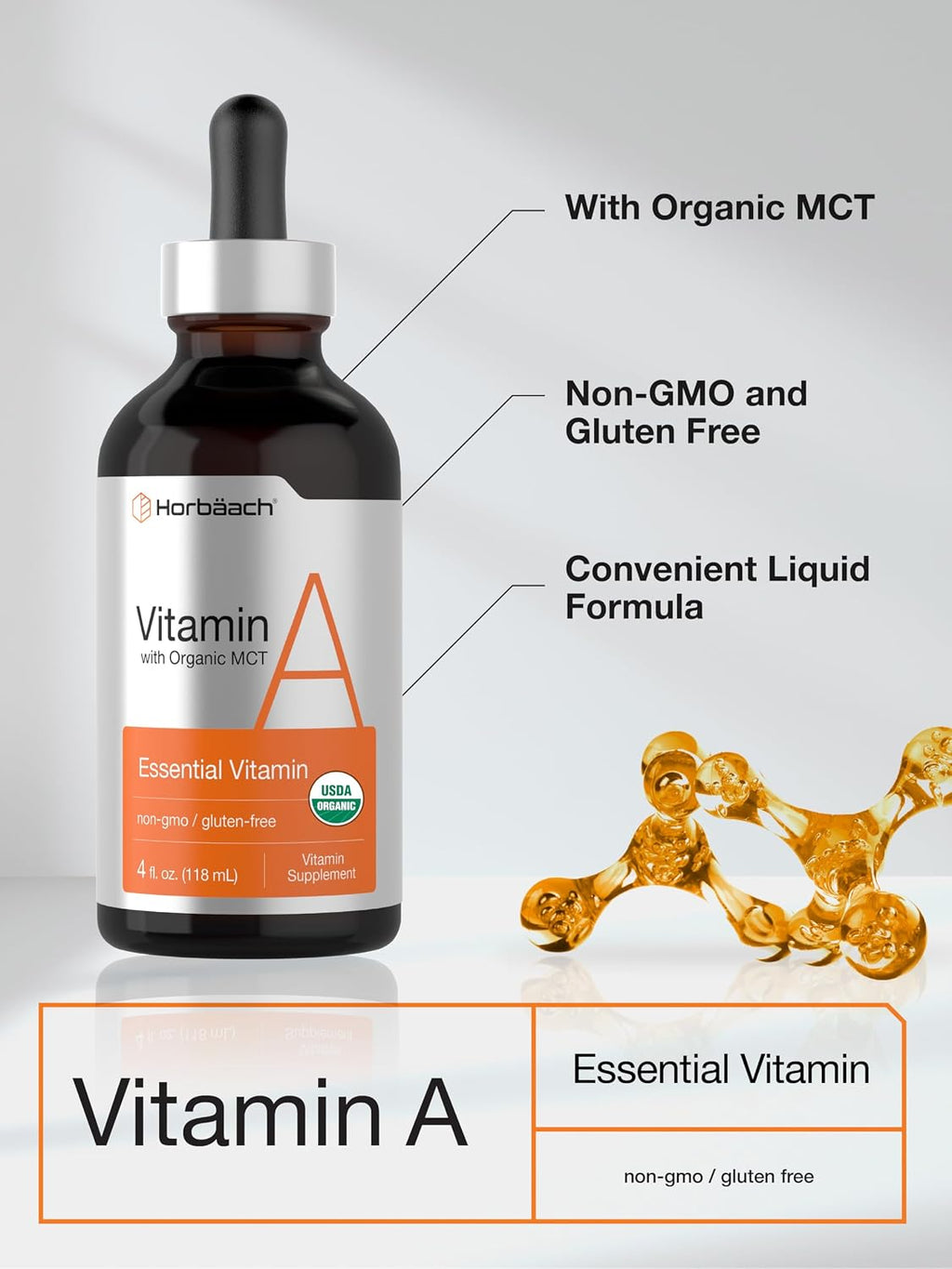 Horbäach Vitamina A Líquida Gotas - 118 ml (4 fl oz) con Aceite MCT Orgánico